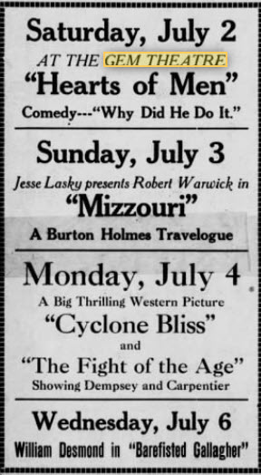 Gem Theatre - June 30 1921 Ad (newer photo)